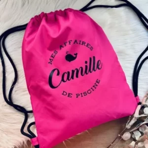 sac de piscine personnalisé, avec prénom et motif, sac de sport, sac d'école, sac maternelle, les petites affaires de, sac polyester résistant, rose fushia avec baleine