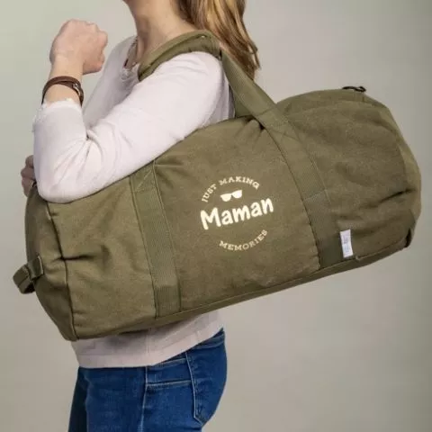 sac polchon explore kaki et doré personnalisé avec prénom pour la fête des mères, cadeau à offrir pour les mamans