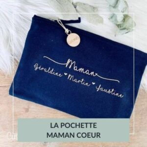 pochette zippée bleu et doré, maman, cadeau personnalisé, pochette maman coeur