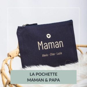 pochette zippée bleu et doré, maman coeur enfants, cadeau personnalisé, pochette maman papa