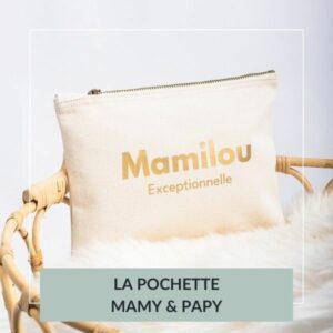 pochette zippée ecru et doré, mamilou, cadeau personnalisé, pochette mamy papy