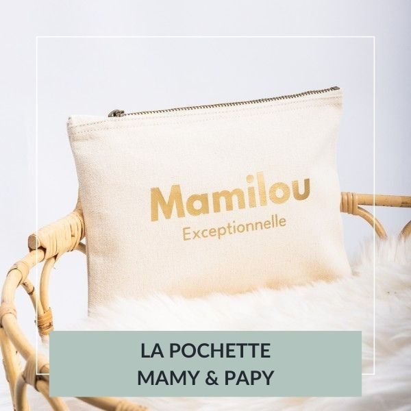 pochette zippée ecru et doré, mamilou, cadeau personnalisé, pochette mamy papy