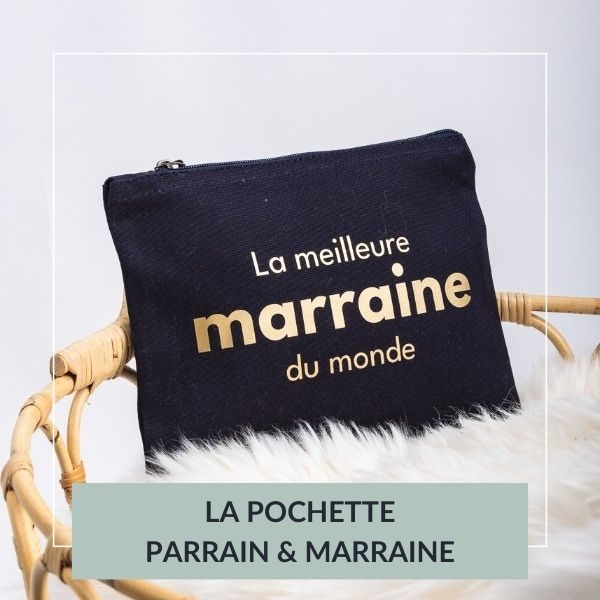 pochette zippée bleu et doré, marrain, cadeau personnalisé, pochette marraine parrain