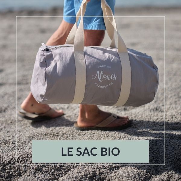 sac polochon en coton biologique personnalisé, couleur gris clair, idée cadeau pour liste de naissance ou cadeau anniversaire