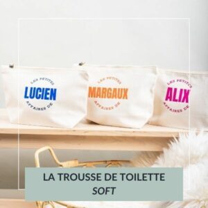trousse de toilette soft, personnalisée avec prénom, rendu soft velour, bleu, orange, rose, les petites affaires de, motif au choix