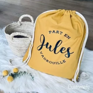 sac de gym personnalisé avec prénom et motif au choix, sac pour le sport, sortie scolaire, excursion, sac maternelle, les petites affaires de, coloris jaune moutarde