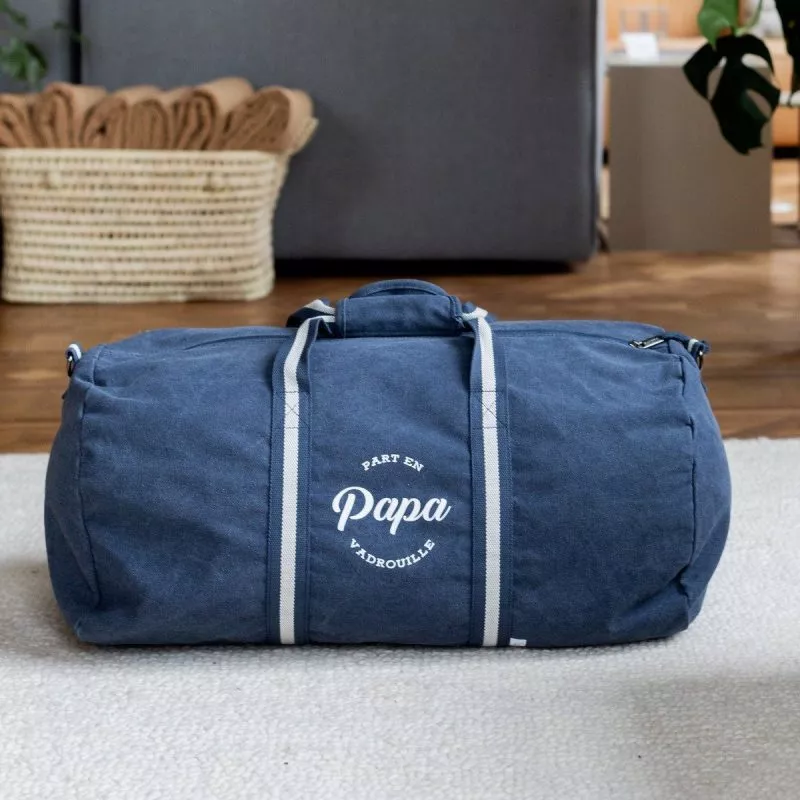 sac de voyage personnalisé bleu, grande capacité pour partir en vadrouille en famille et en vacances, sac polochon vintage personnalisable avec prénom