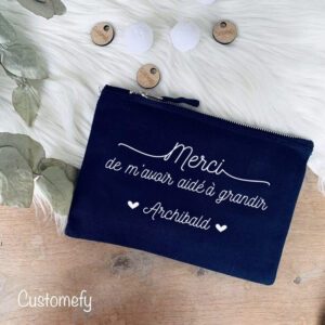 pochette zippée bleu et doré, merci de m'avoir aidé à grandir, cadeau personnalisé