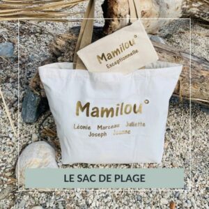 sac de plage personnalisé avec prénom et texte au choix, cadeau fête des mères, cadeau maman, idée cadeau personnalisé, pochette assortie